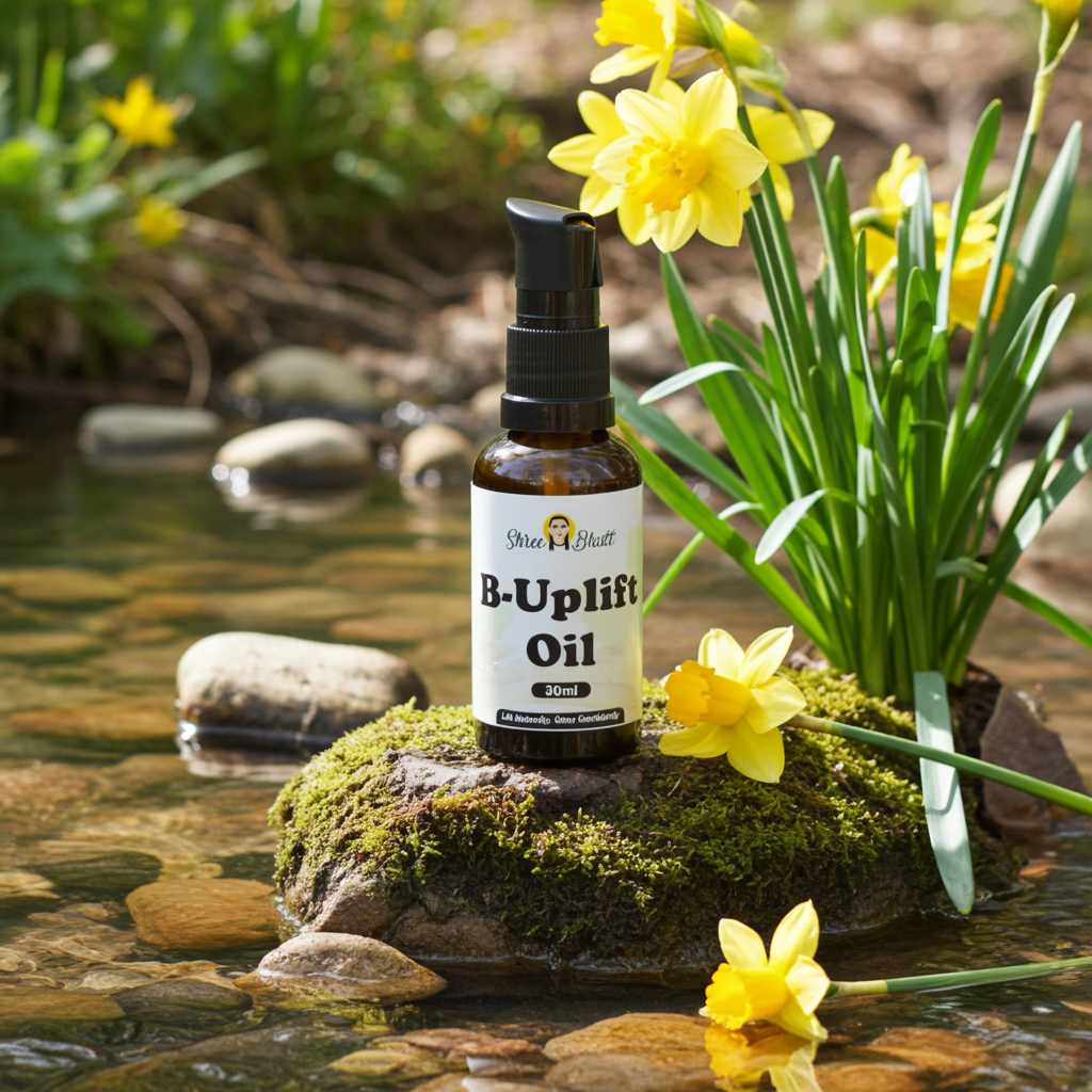 B-Uplift Oil bottle on a rock with yellow flowers and water in the background