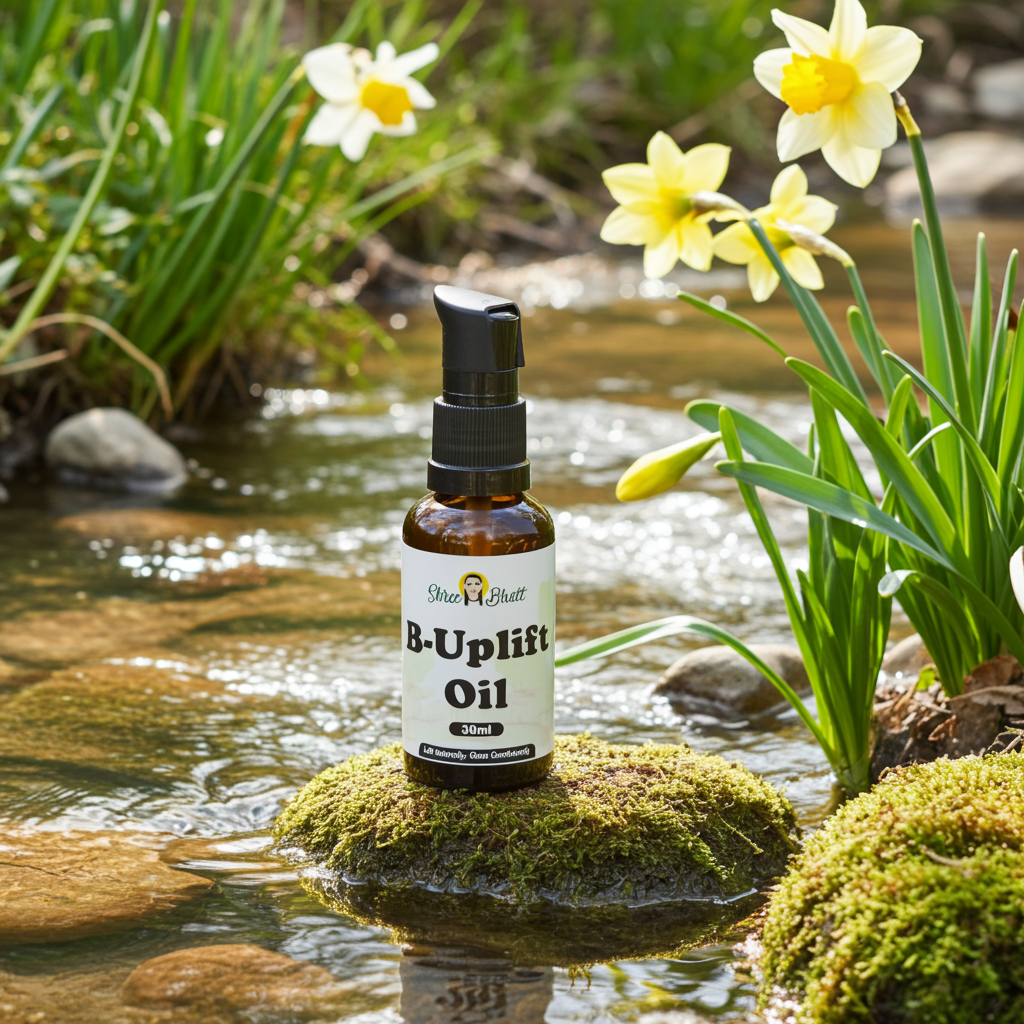 B-Uplift Oil bottle on a rock with flowers and water in the background